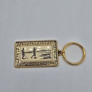 Vintage Gold Tone Barlow Golf Keychain Scrimshaw Art Collectible Golfer